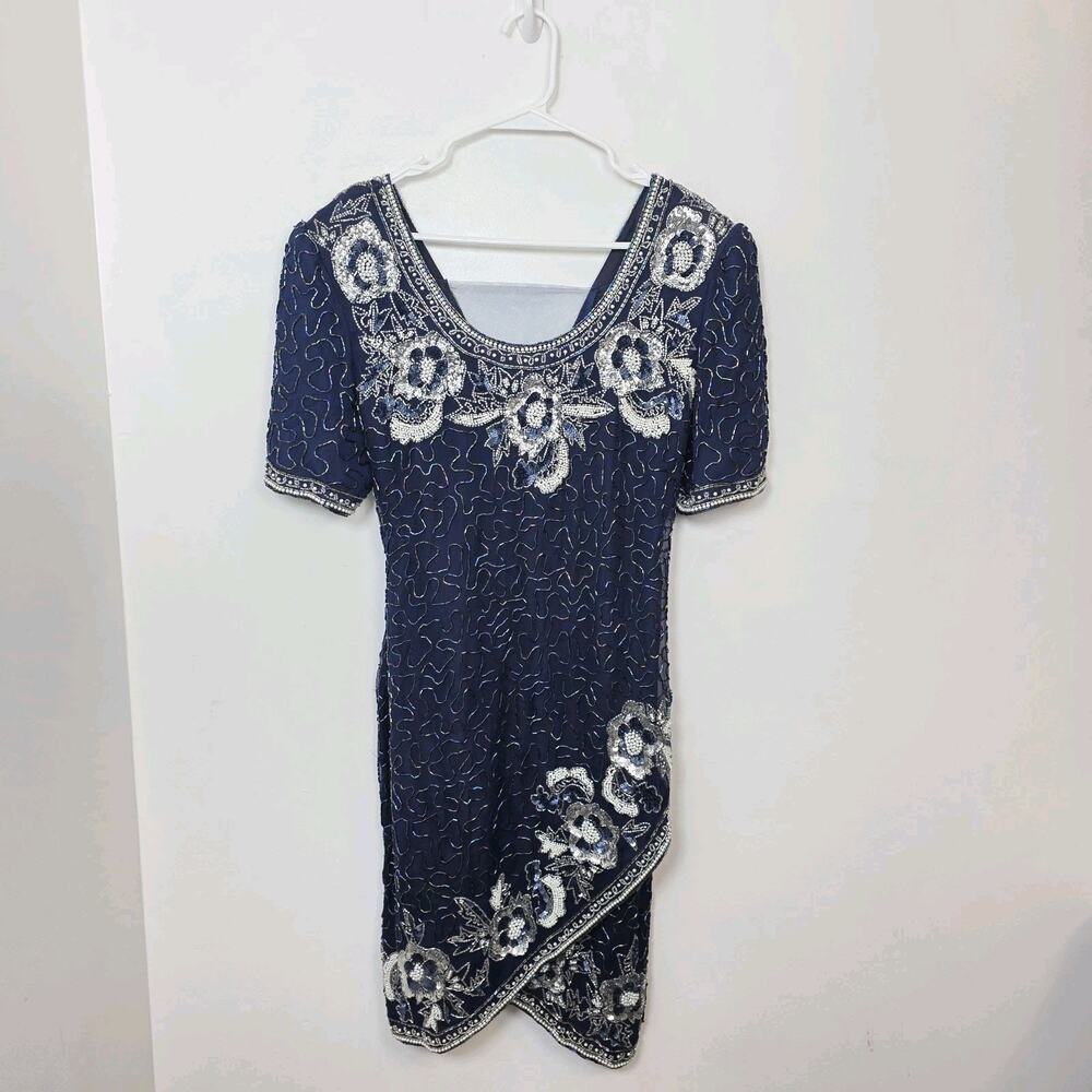 Laurence Kazar Navy Blue Beaded Sparkle Silk Party Game Mini Dress‎ Size Medium